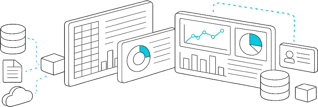 Databases, files and a cloud source feeding into three overlapping dashboard panels