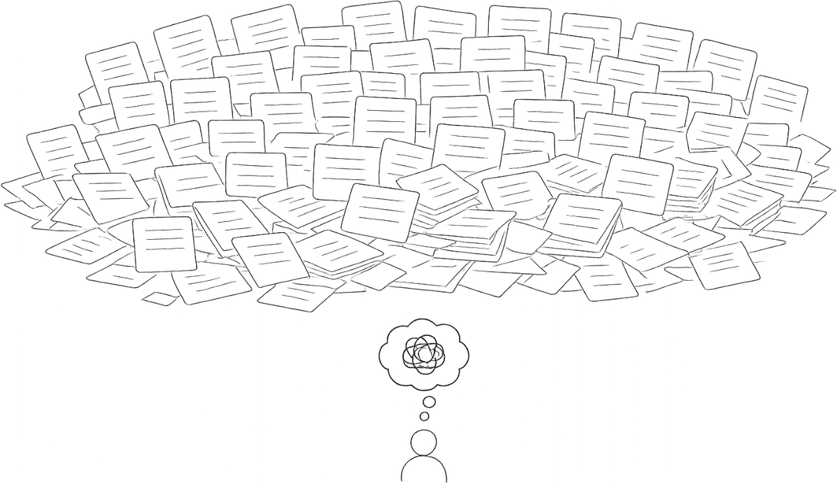One person at a prompt, beneath a vast mound of generated documents